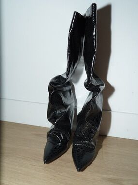 Black Croc-Embossed Slouchy Knee-High Boots